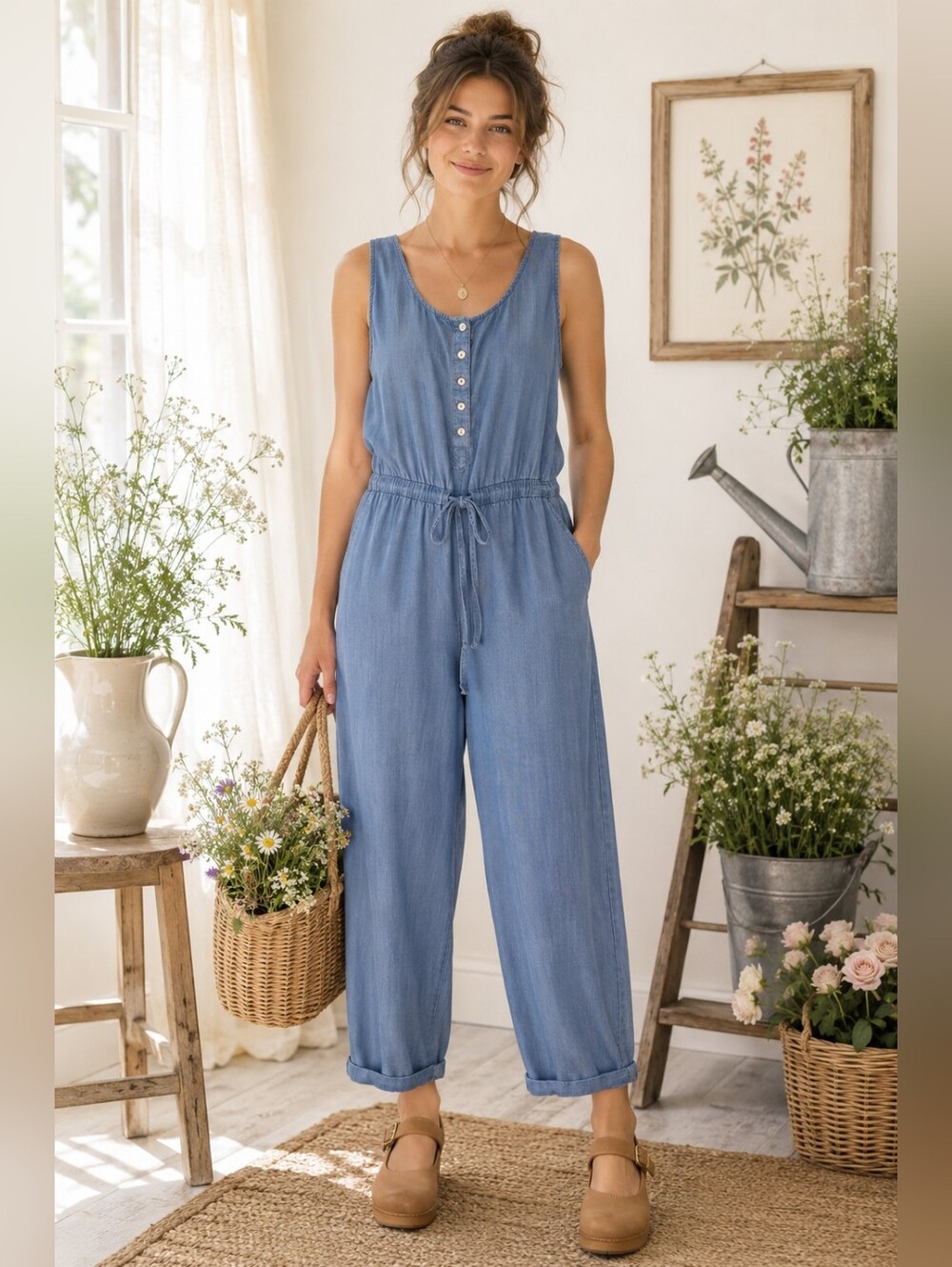 Knox Rose Denim Look Jumpsuit XL | Casual Boho Sleeveless Wide Leg Romper
